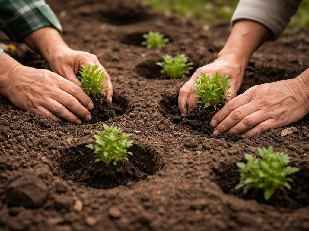 Gardener hands placing plant plugs into spaced holes and firming soil around the roots.