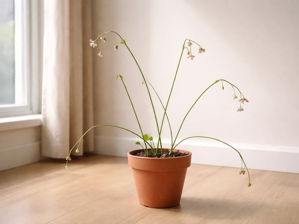 Potted leggy houseplant with floppy stems and sparse blossoms in a simple bright window corner
