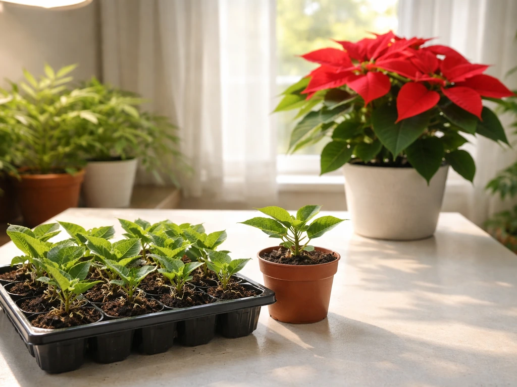 Rooted poinsettia plugs on a tray transitioning to a potted plant and a blooming poinsettia near a window.
