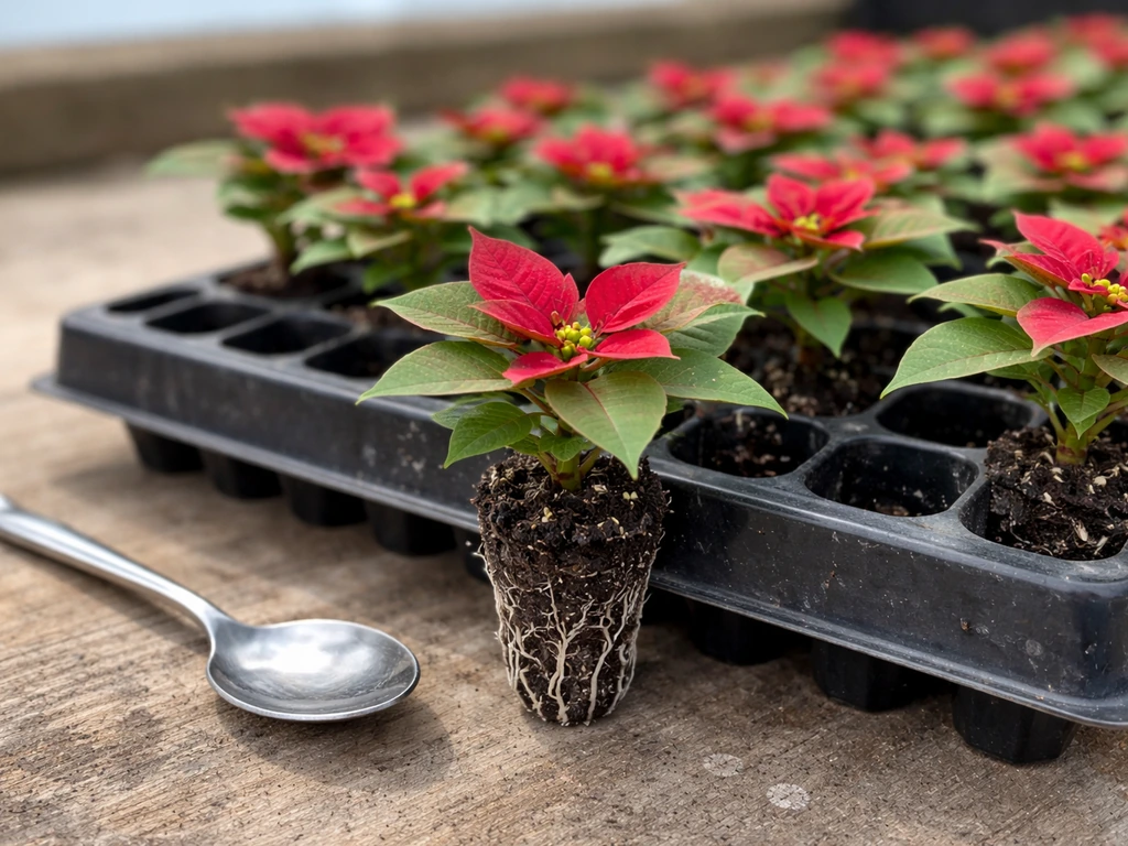 Rooted poinsettia plug plants in small cell tray, compact plug size clearly visible.