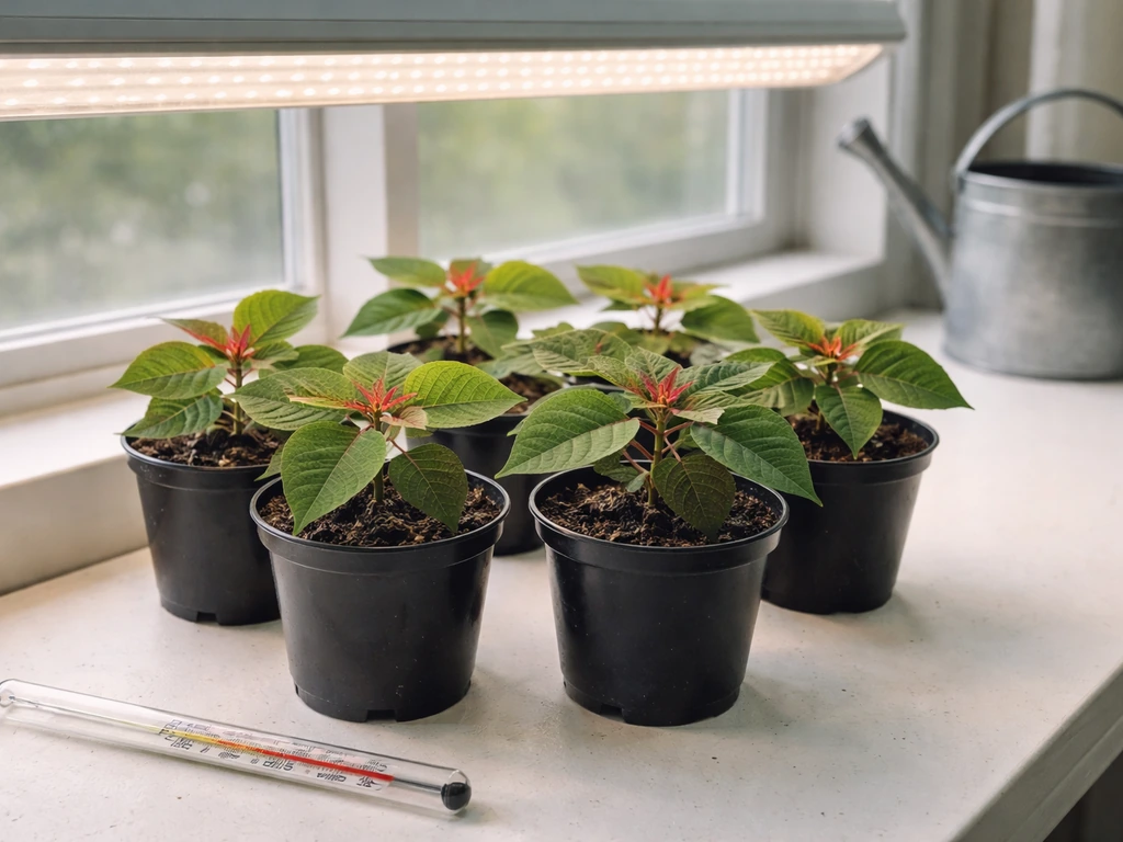 Young poinsettias under bright light with a thermometer and watering can on a clean bench.
