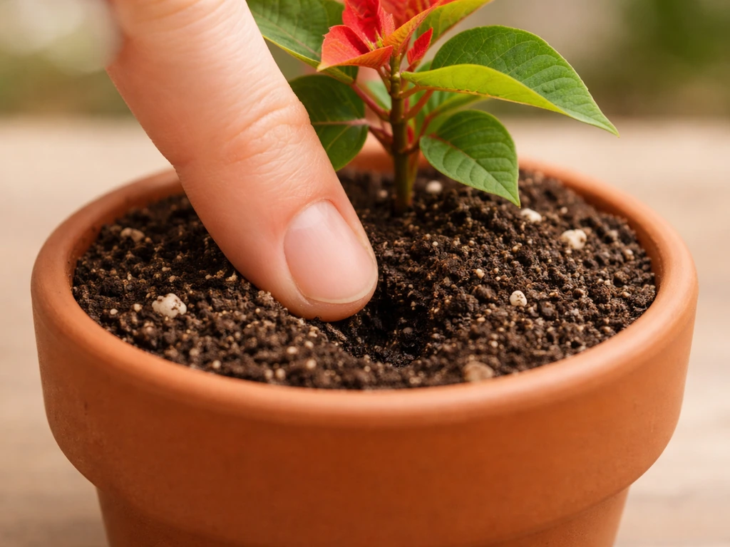 Finger pressing into poinsettia plug soil about an inch down to check moisture before watering.
