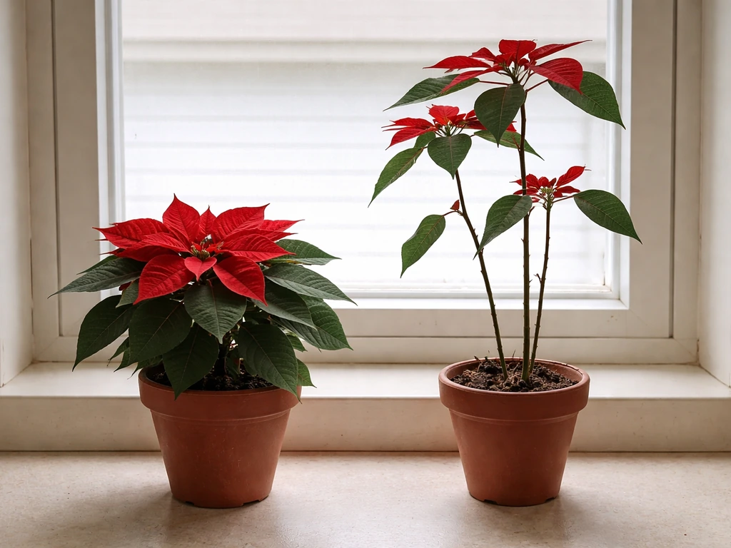 Two poinsettias on a bright windowsill, showing compact healthy growth versus leggy thin growth.