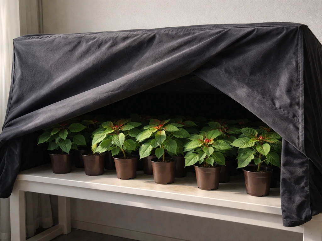 Young poinsettia plants under a light-tight dark cover for short-day treatment, uncovered in the morning.