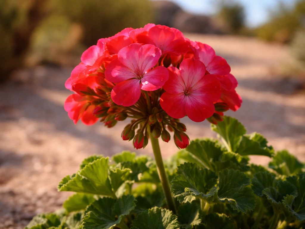 Close-up of blooming red geranium in warm Texas sunlight with a blurred blue sky background.