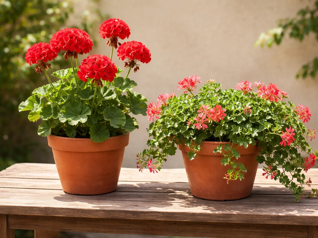 Side-by-side potted zonal and ivy geraniums in Texas sunlight on a simple outdoor table.