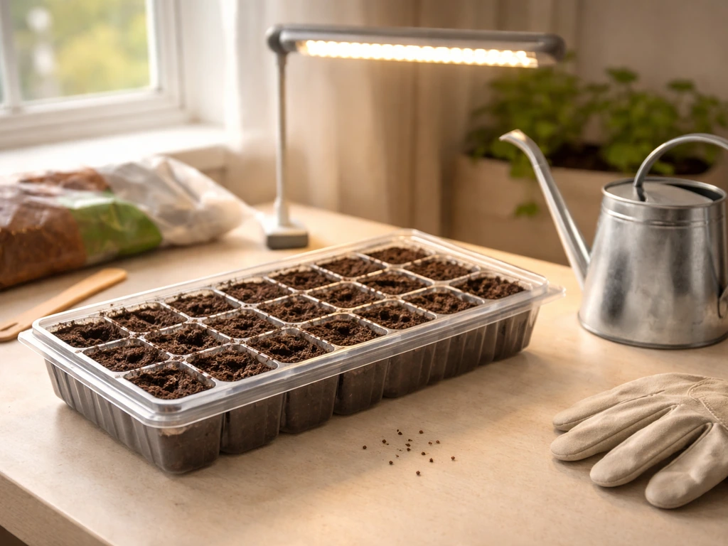 Seed tray of geranium cell pots under a warm window and grow light, with watering can nearby.