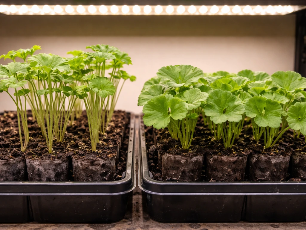 Two geranium seedling groups under grow lights—leggy left, compact healthy growth right.