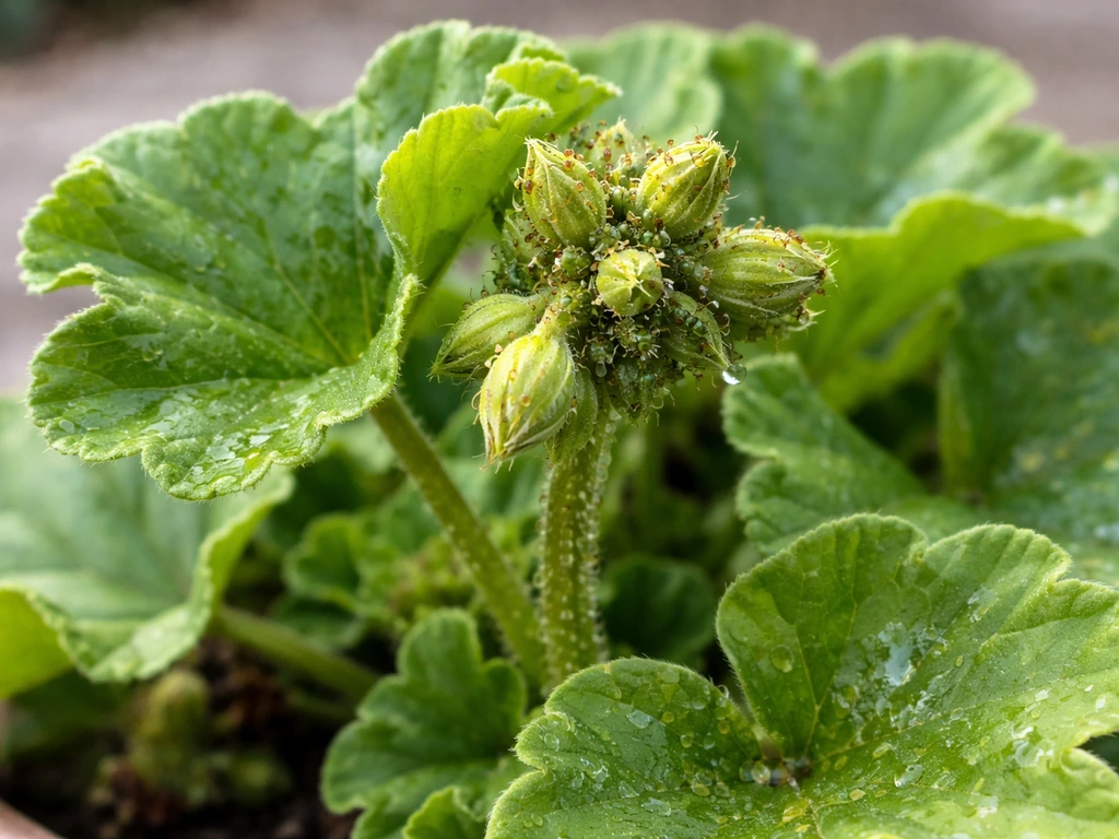 Close-up geranium leaves with clustered aphids and slight sticky honeydew damage near new growth.