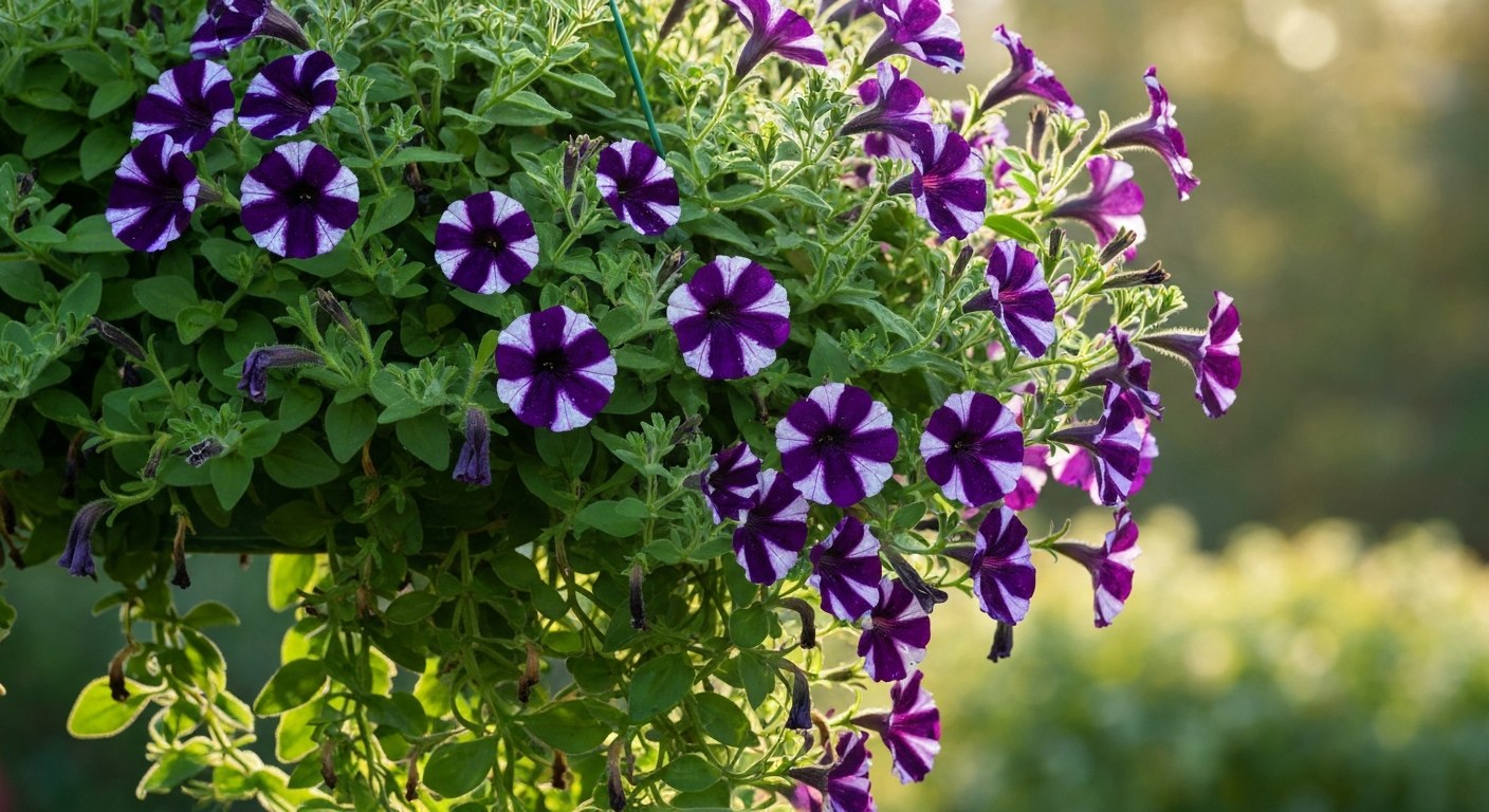 Hanging basket of Night Sky petunia with purple petals and white star‑like speckles, trailing stems and morning light.