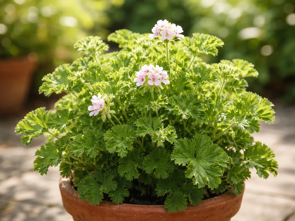 Sunlit pot of scented geraniums with aromatic leaves and small blooms in soft-focus background.