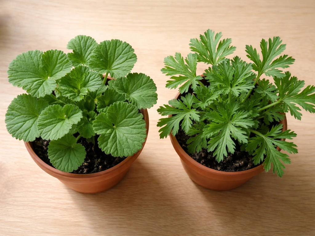 Two potted scented geraniums side-by-side showing different leaf shapes on a light wood table.
