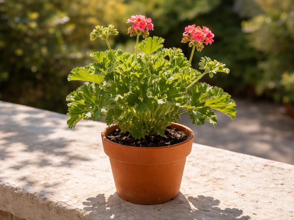 Scented geranium in a terracotta pot on a sunny patio ledge with direct light and healthy growth.