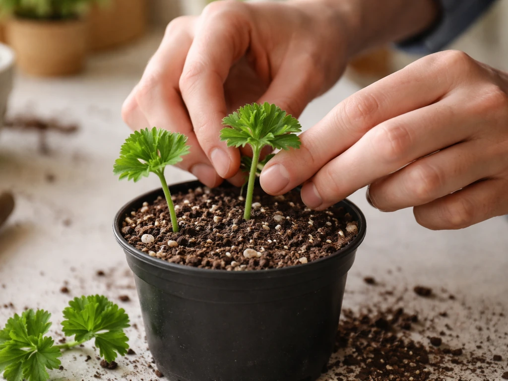 Close-up of a fresh stem cutting in a small pot being rooted in light potting mix