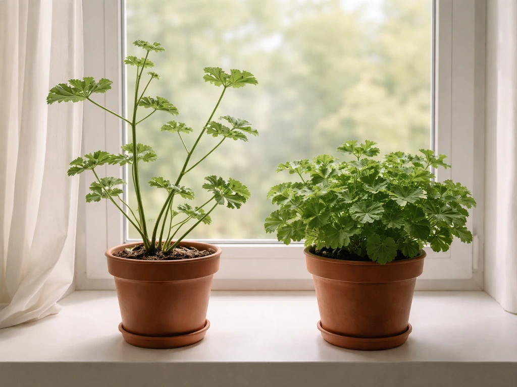 Two scented geraniums on a sunny windowsill: one leggy and sparse, the other compact and healthy.