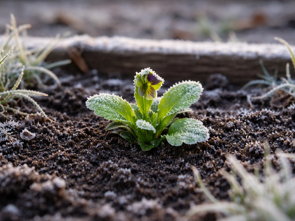 Close-up of a frost-touched winter pansy seedling in a cold garden bed under crisp winter light.