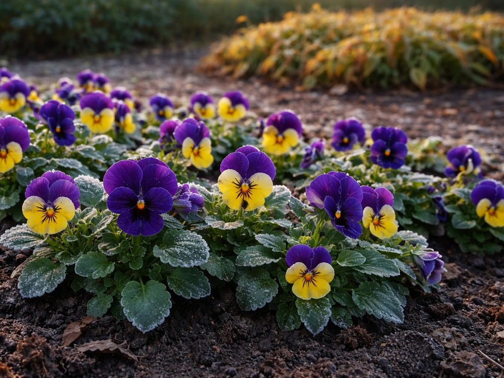 Winter pansies blooming in cool shade with crisp sunlight and frosty leaves in the background.