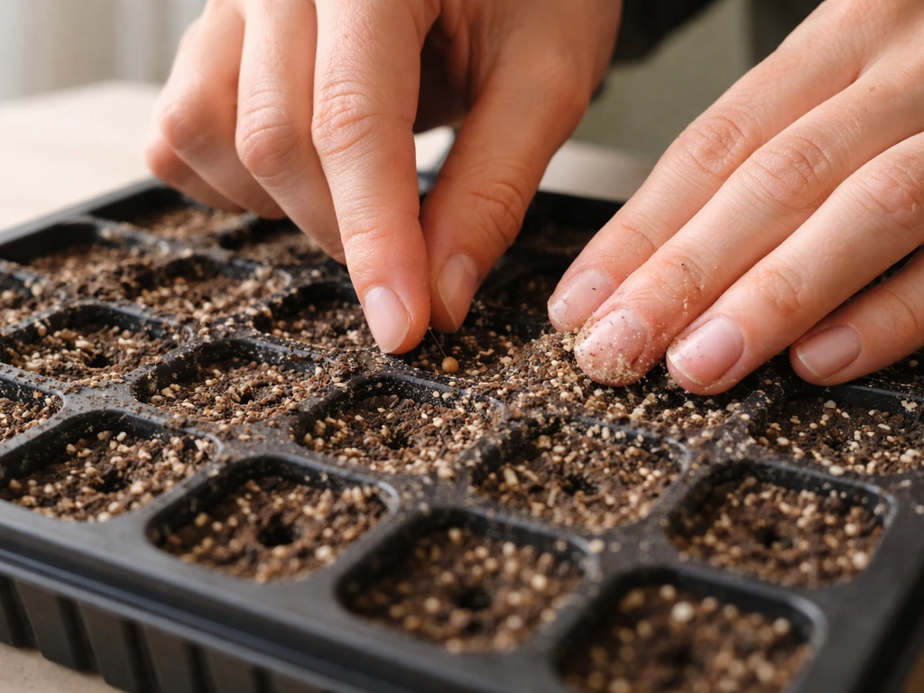 Close-up of hands placing pansy seeds into a sterile soilless seed tray and covering them.