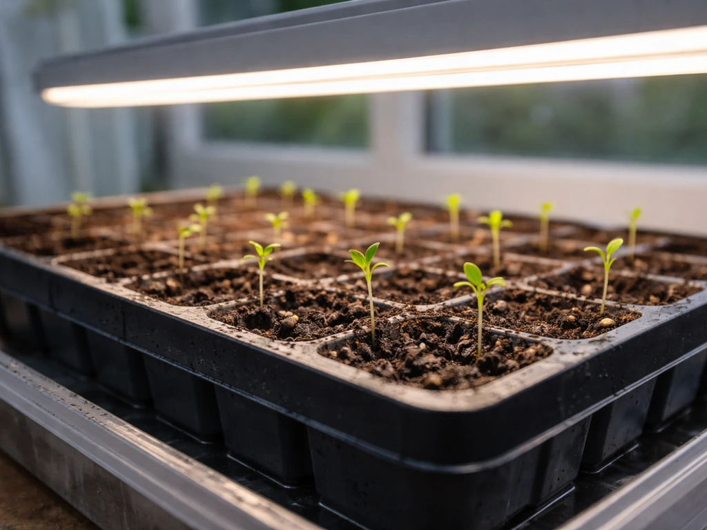 Close-up of fresh seedlings under grow lights, lights a few inches above, warm light and clear watering tray.