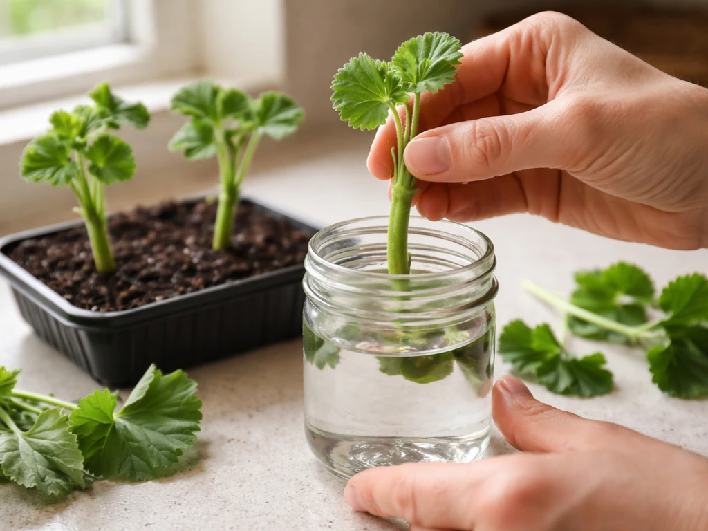 Hands placing geranium cuttings into a glass of water beside a small tray of rooting medium.