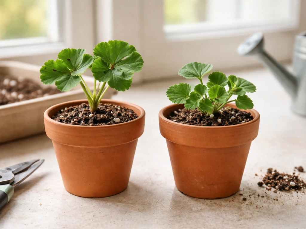 Two potted Pelargonium cuttings—one zonal type with rounded leaves, one other type—on a windowsill with soil and pruning