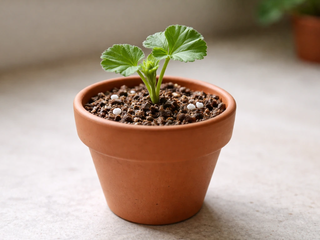 Close-up of a small pot with well-draining rooting medium and a geranium cutting inserted upright.