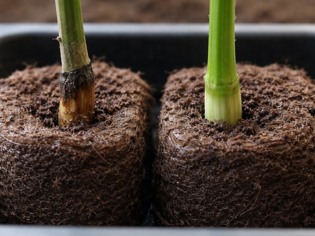 Close-up of plant cuttings on a starter plug showing a brown rotting base next to a healthy cutting end.