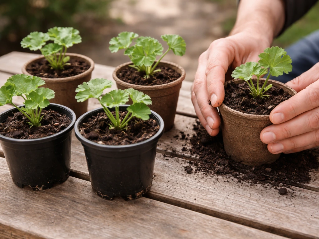 Young potted geranium cuttings with visible roots, staged outdoors in shade