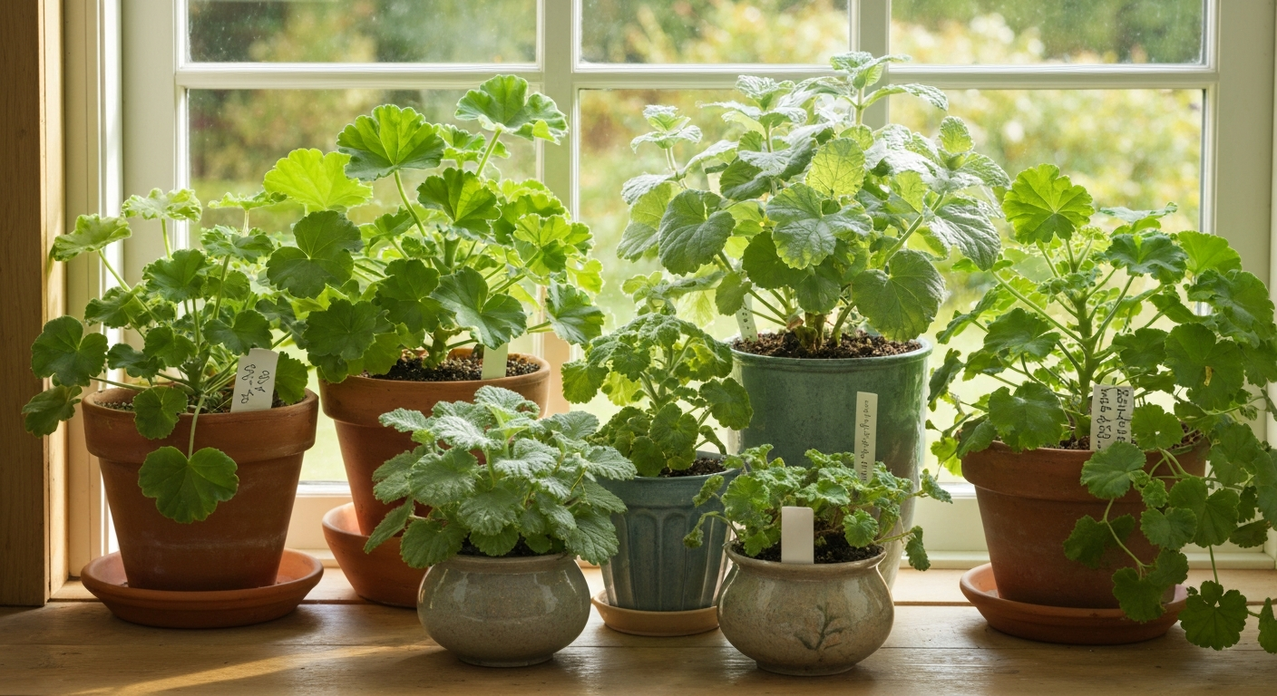 Sunny windowsill and patio with assorted potted scented pelargoniums showing diverse leaf types in terracotta and glazed pots.