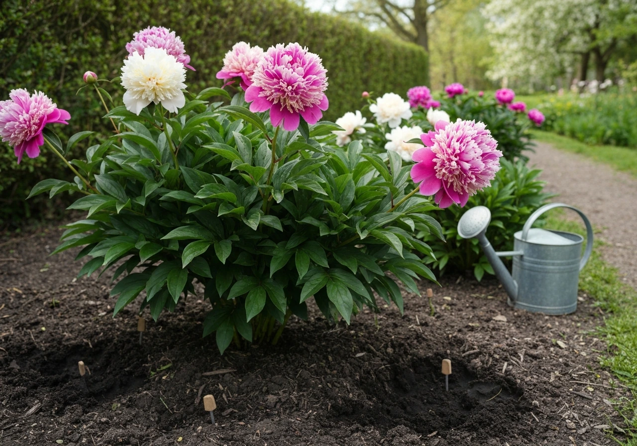 Vivid spring garden bed with blooming herbaceous peonies under soft morning light in a simple, lush setting.