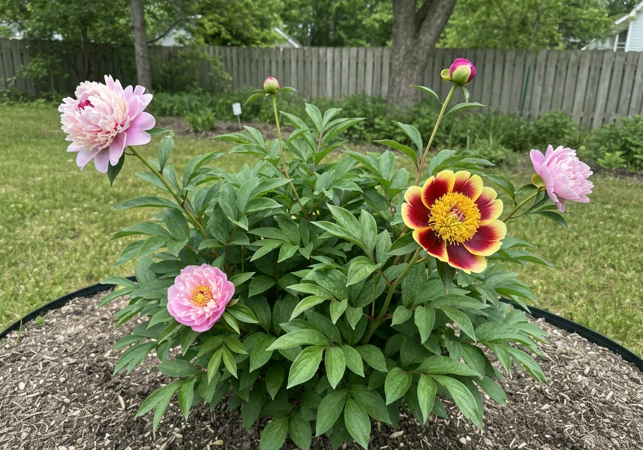Four blooming peonies—herbaceous, tree, Itoh, and species—growing in a simple Zone 7 style garden