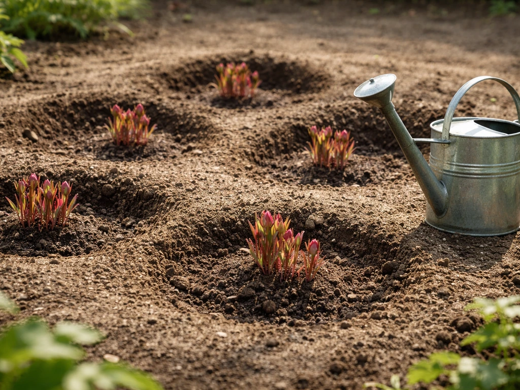 Peony crowns spaced in loamy soil with a watering can at the base under bright sunlight.