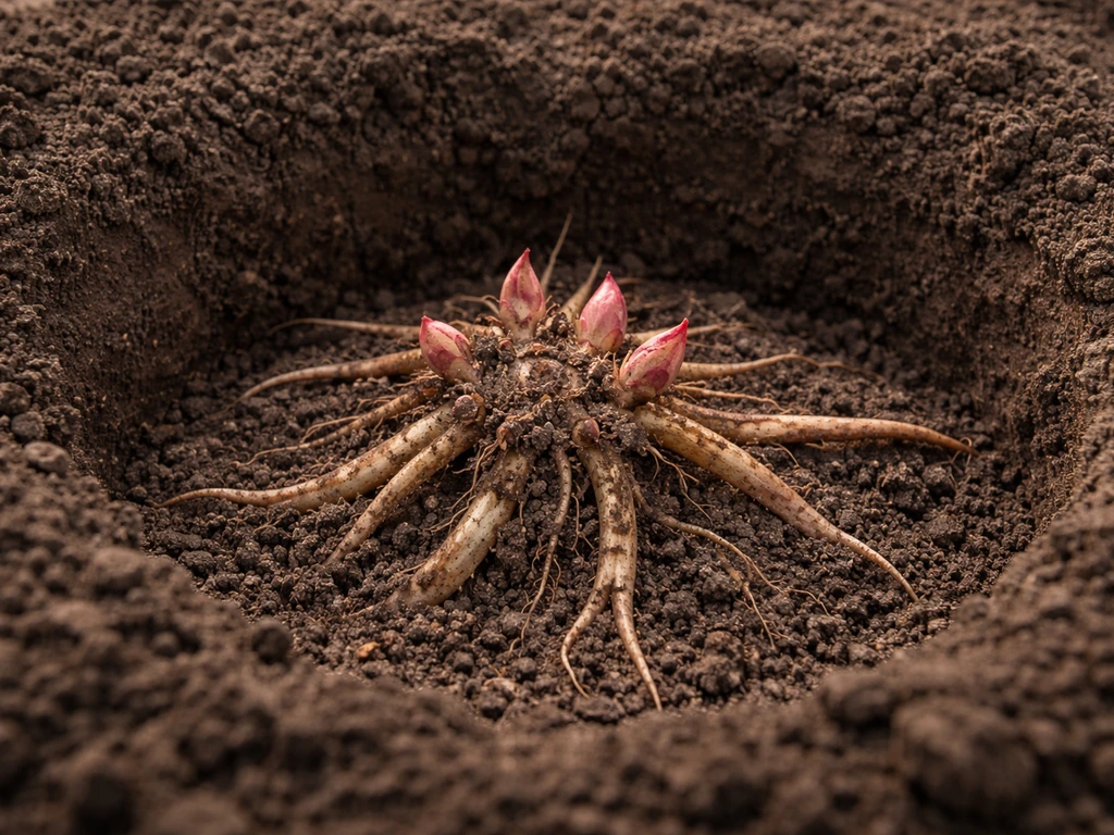 Close-up of a bare-root peony crown with buds planted 1–2 inches deep, roots spread in soil