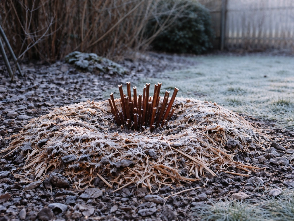 Herbaceous peony bed mulched for winter with visible frost on the ground and a frosty winter backdrop.