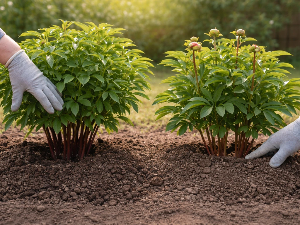Side-by-side peonies showing too-deep planting and nitrogen-like lush foliage versus healthier budding depth.