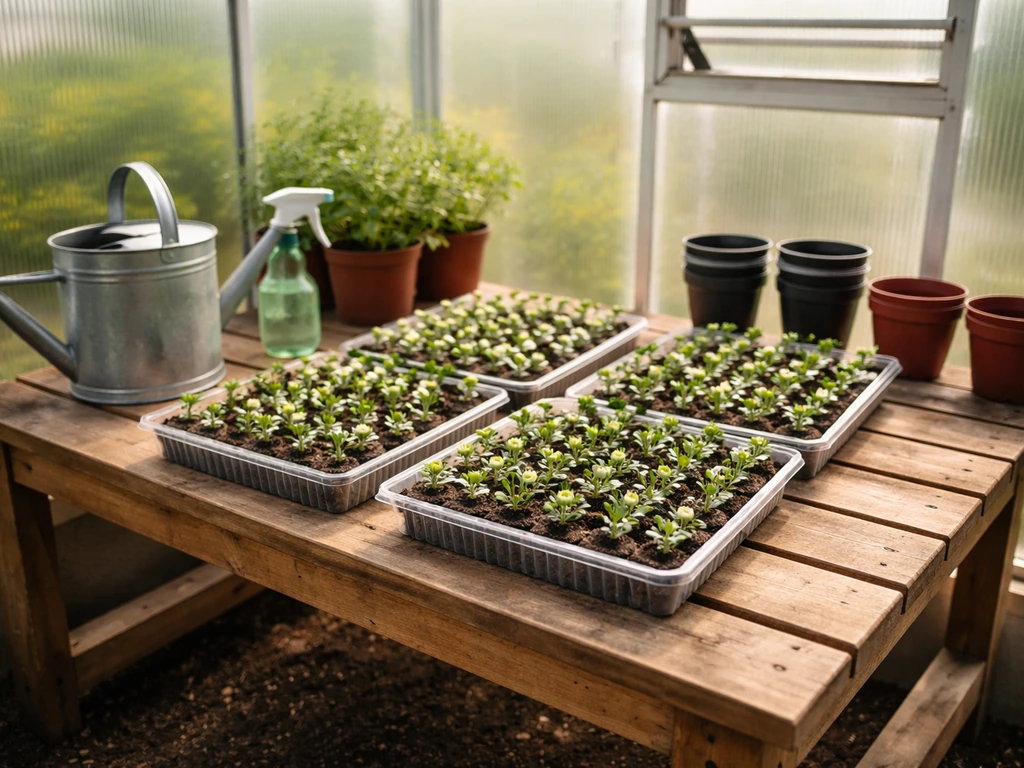 Small greenhouse bench with potted chrysanthemum cuttings and propagation trays under natural light