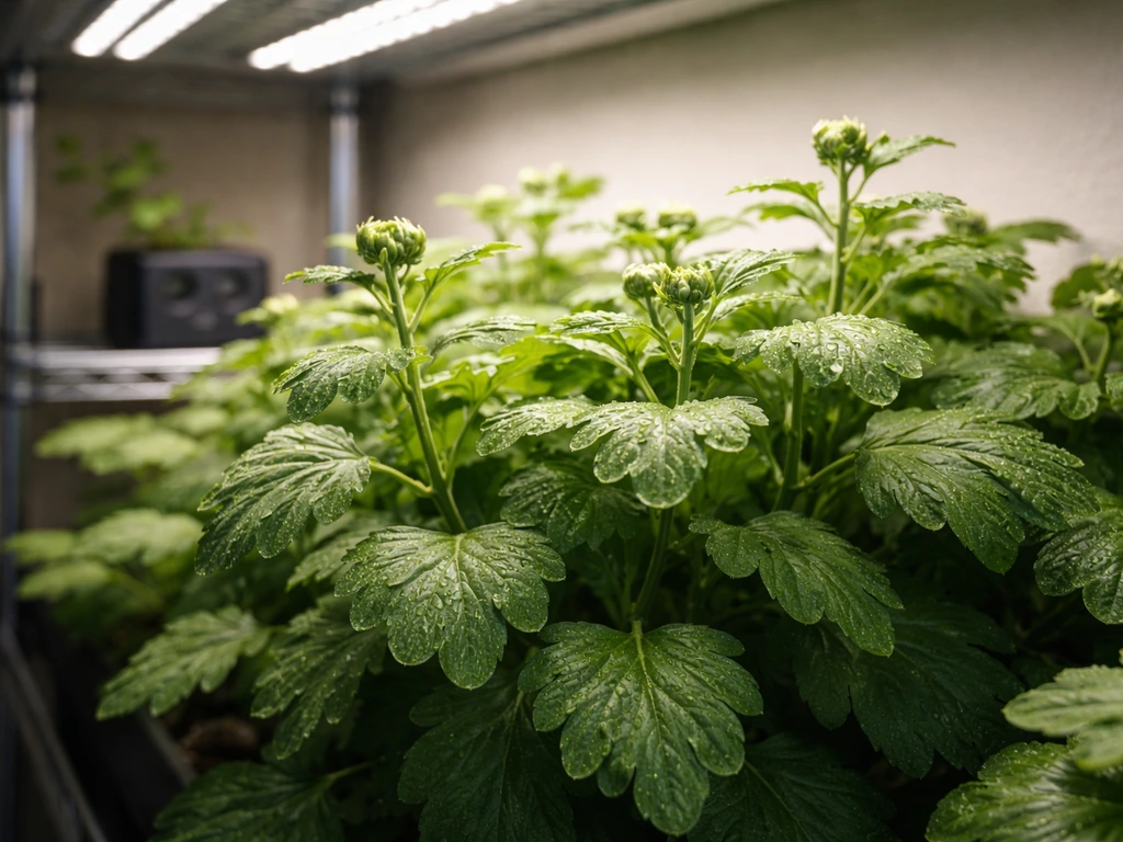 Chrysanthemum plants under LED grow lights with a simple timer device near the shelf.
