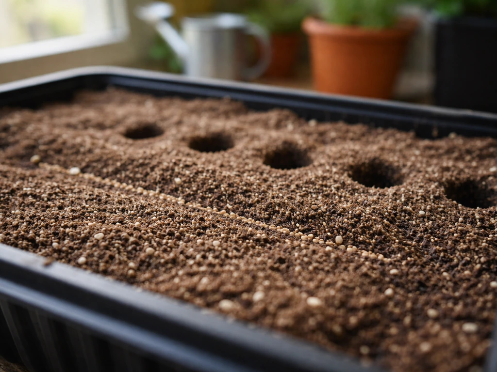 Close-up of a seed-starting tray with fine mix and lightly covered chrysanthemum seeds under natural light.