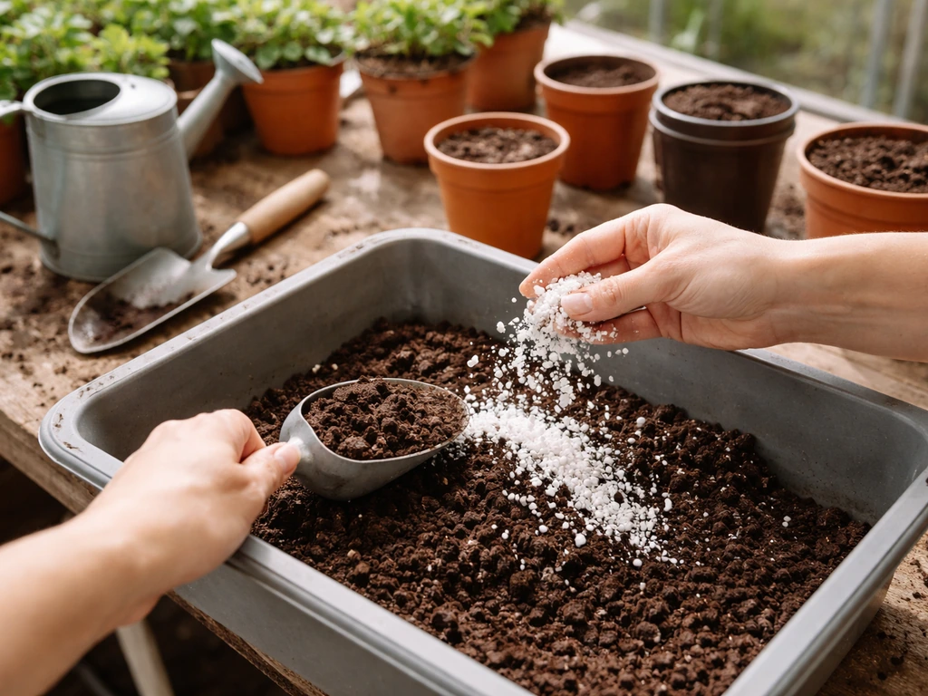 Hands measuring peat-based compost and perlite into pots in a simple greenhouse potting setup.