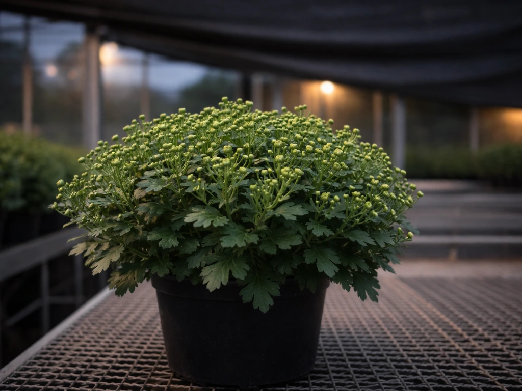 Greenhouse mums with new growth as a blackout curtain is partially rolled down at dusk.