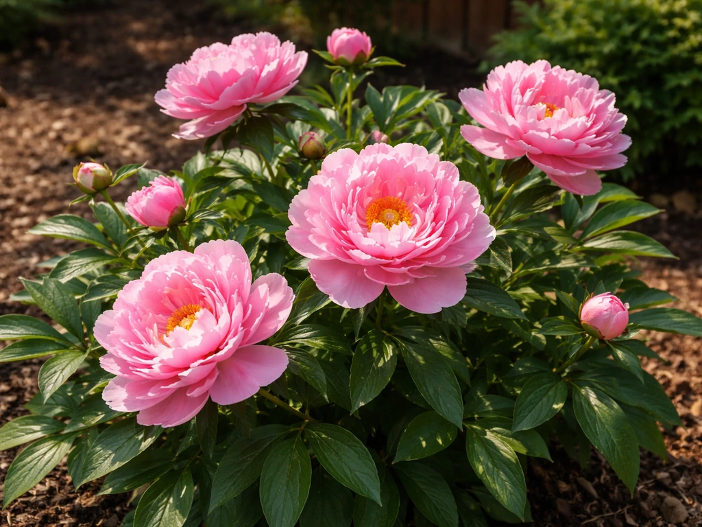 Lush pink peony blossoms in a sunny Oklahoma garden bed with healthy green foliage and late-spring blooms.