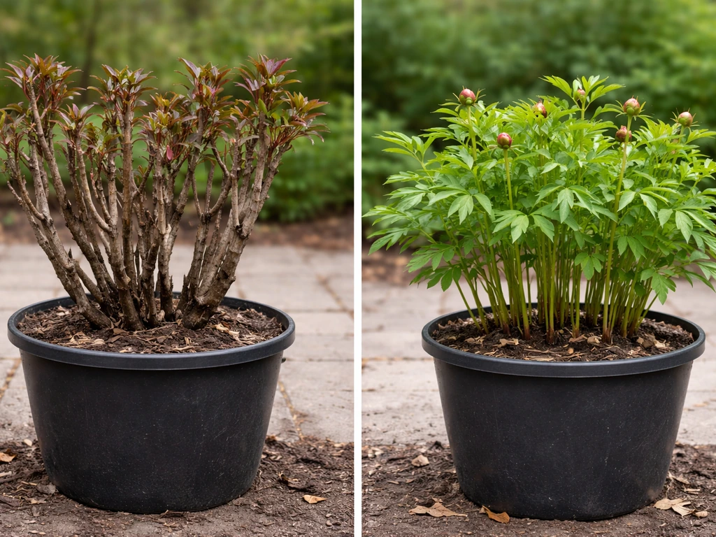 Side-by-side view of two potted peonies showing woody tree-peony stems and seasonal herbaceous stems