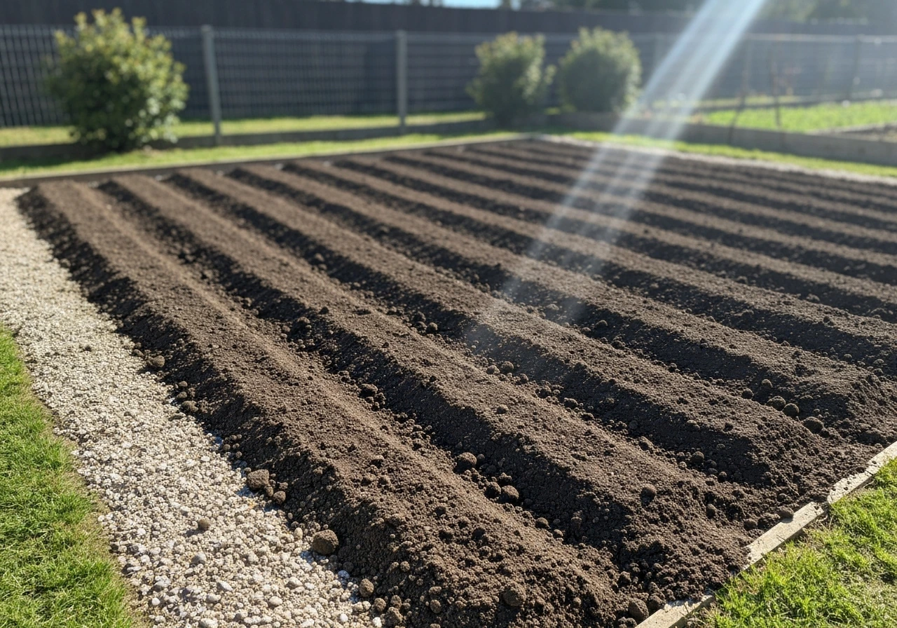 Raised garden bed with tilled soil in full sun, showing drainage-focused preparation for peonies.