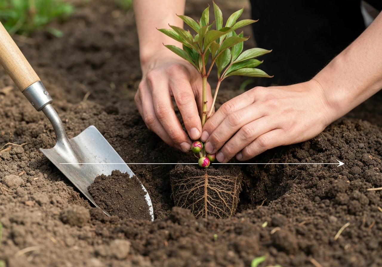Hands placing a bare-root peony so the reddish buds sit at correct depth, soil backfilled around it