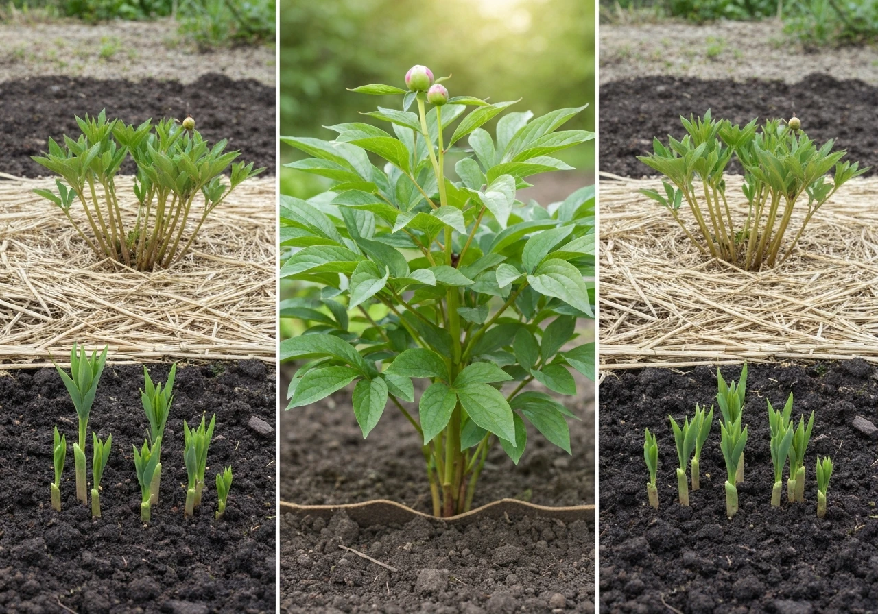 Garden peony base showing spring sprouts, summer foliage, and winter dormancy with straw mulch cover.