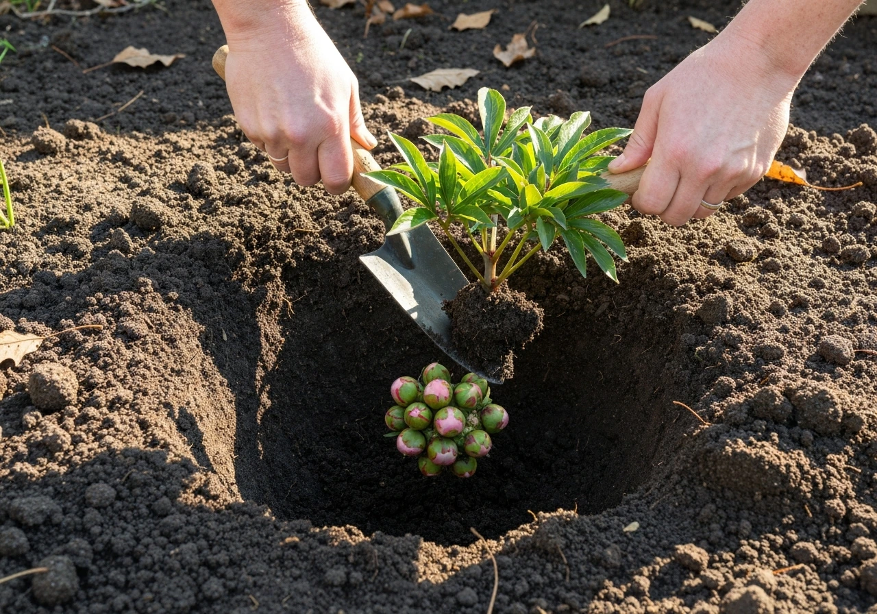 Garden shovel lifting a peony crown from soil, showing eyes set too deep beneath the surface.