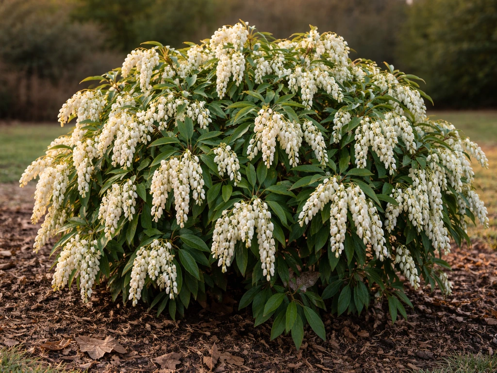 Healthy Pieris japonica shrub in bloom with clusters of white flowers against winter-brown foliage.