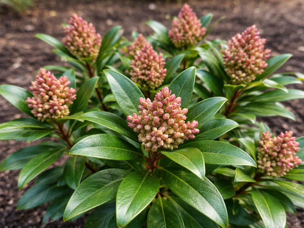 Evergreen Pieris japonica shrub with compact reddish-pink flower buds on stems in late summer