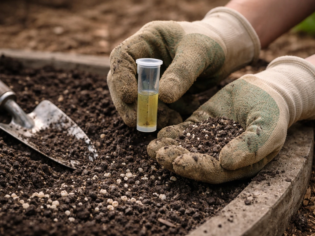 Gardener’s hands testing soil pH and mixing soil amendments in a small garden bed