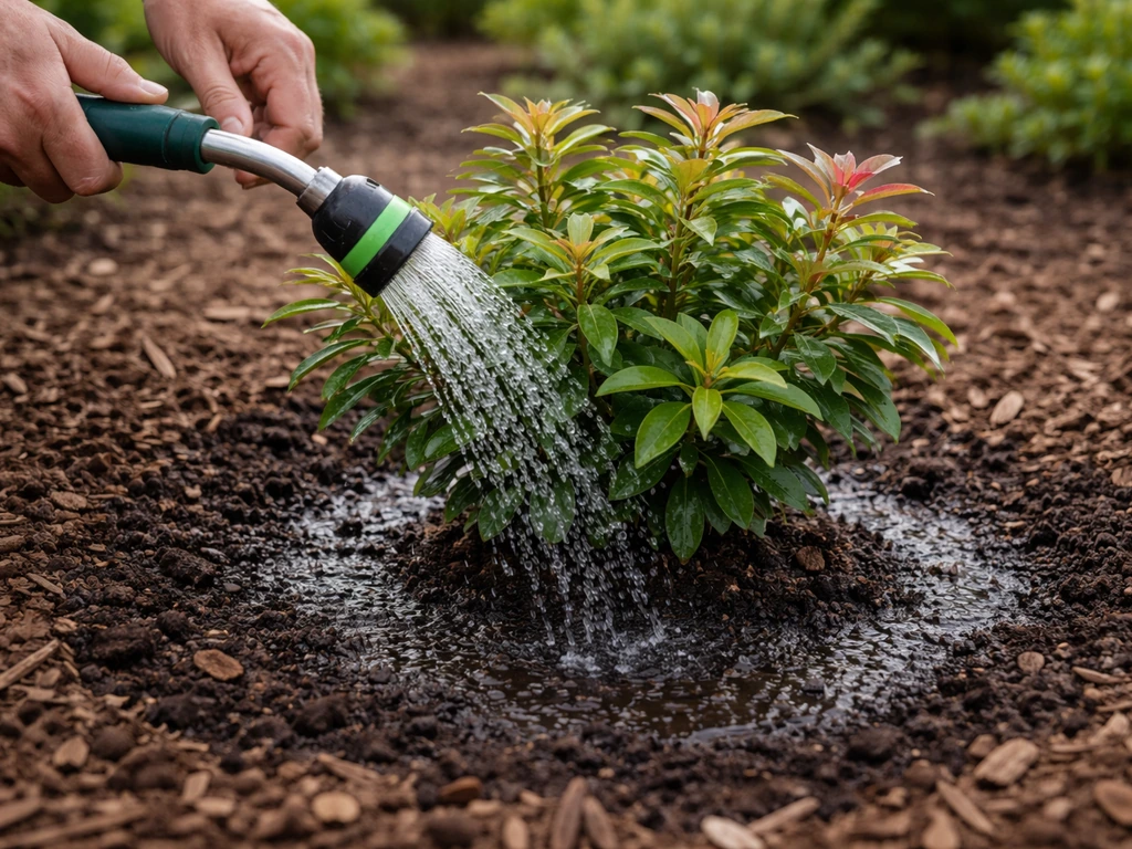 Hands gently watering a Pieris japonica in-ground, slow deep soak with visible soil moisture